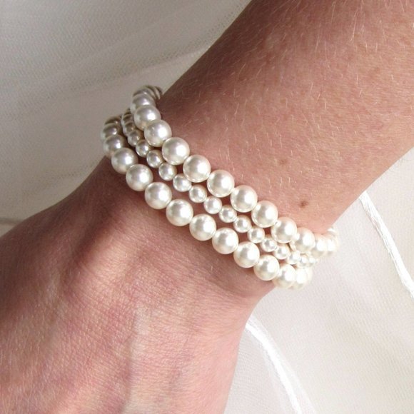 3 Strand Pearl Bracelet, White Pearl, Pearl Cuff Bracelet, Multi Strand - Picture 4 of 4